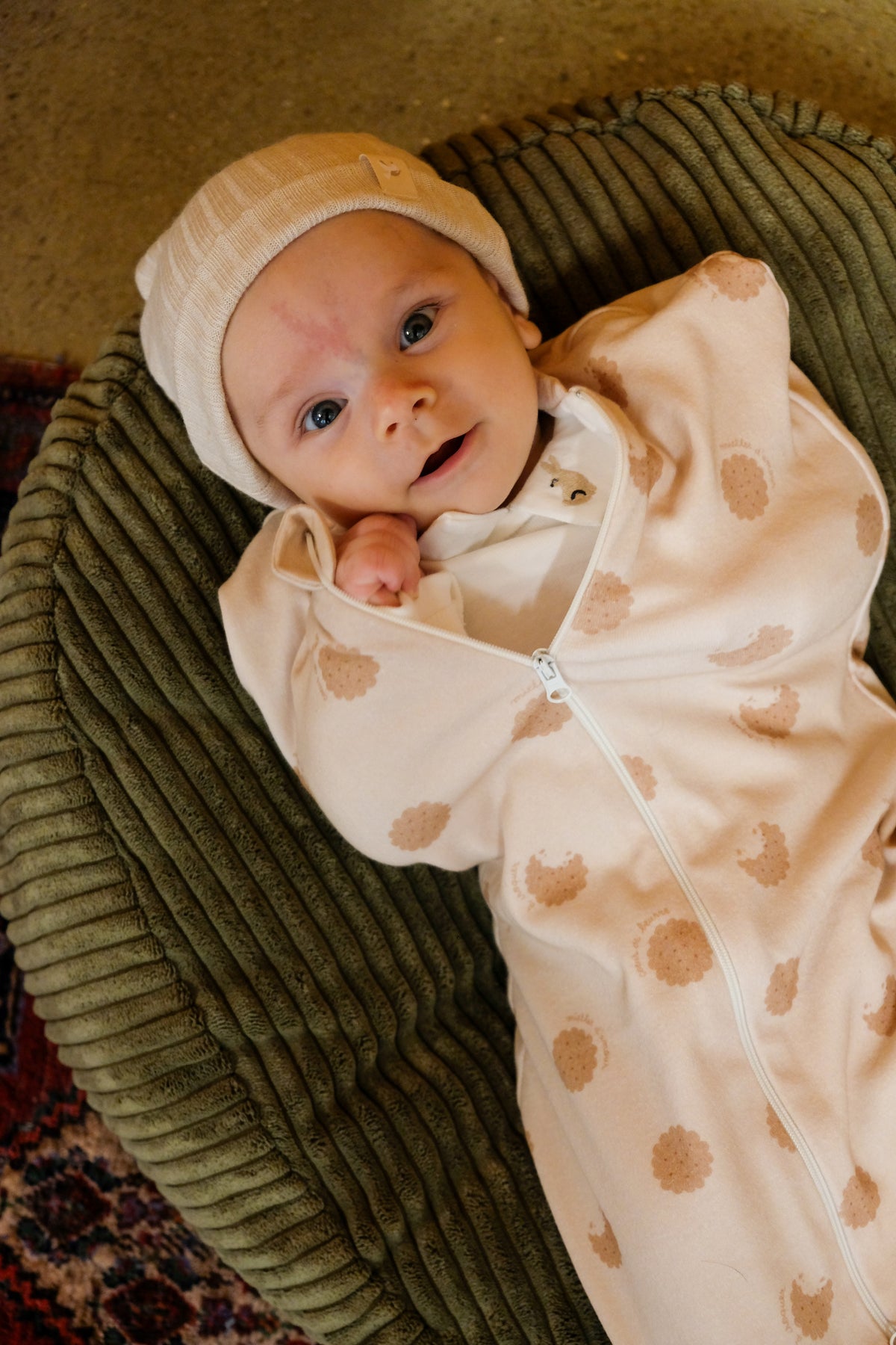 bonnet nougat sur bébé emmailloté sur nid